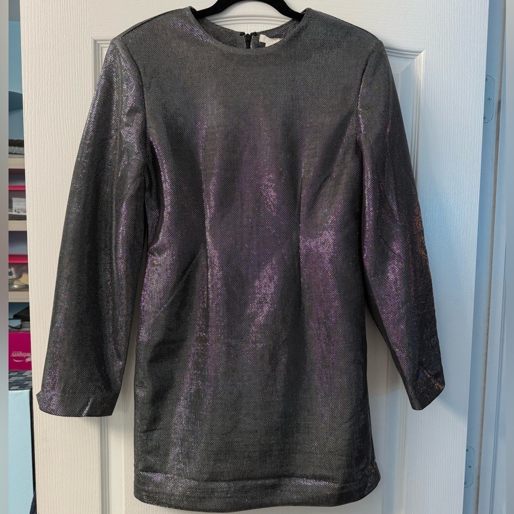H&M Elegant Black/Silver-Colored Metallic Long Sleeve Lined Mini Dress - Picture 8 of 16